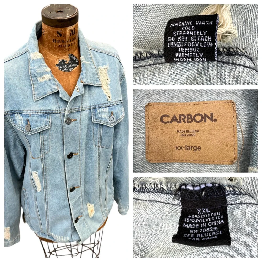 Carbon 2 Cobalt Distressed Denim Jean Jacket Men XXL‎ Trucker Blue Grunge Rugged
